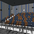 Modern Cinema Interior With Blue And Orange Stepped Seats And Striped Walls