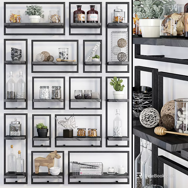 Modern Wall Mounted Cabinets Design With Decorative Glass Jars And Potted Plants 3d model 