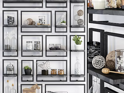 Modern Wall Mounted Cabinets Design With Decorative Glass Jars And Potted Plants 3d model