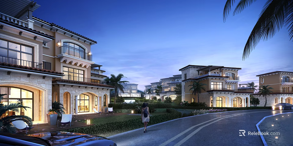 Mediterranean Townhouses With Evening Lighting And Landscaping 3d model 