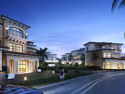 Mediterranean Townhouses With Evening Lighting And Landscaping 3d model