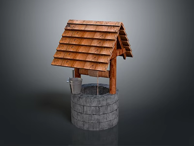 Traditional Well Structure With Wooden Shingle Roof Stone Base And Bucket 3d model