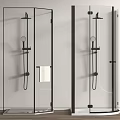 Modern Glass Shower Enclosure With Black Frame Shower Head And White Towel