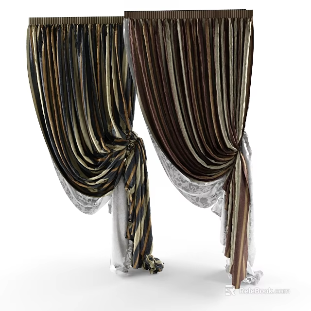 Elegant Striped Velvet Curtains with Brown and Beige Patterns and Delicate Lace Trim Details 3d model 