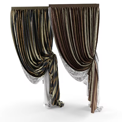 Elegant Striped Velvet Curtains with Brown and Beige Patterns and Delicate Lace Trim Details 3d model