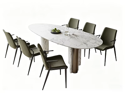 Modern Dining Table Set With Marble Top Metal Legs And Six Leather Chairs 3d model