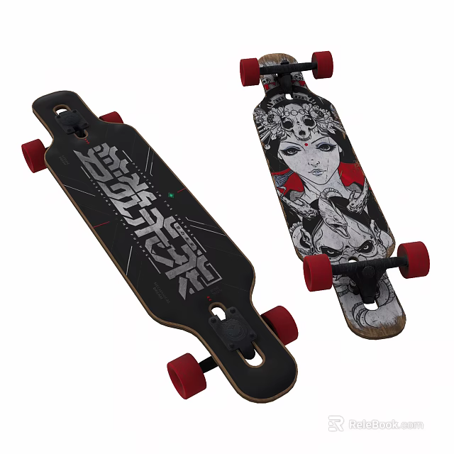 Sports Equipment Longboard Skateboards With Red Wheels And Unique Graphic Designs 3d model 