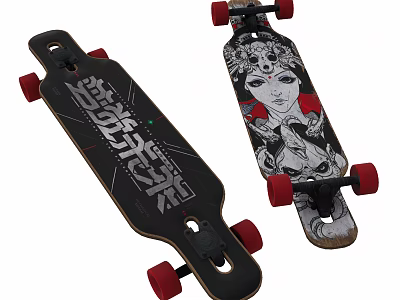 Sports Equipment Longboard Skateboards With Red Wheels And Unique Graphic Designs 3d model