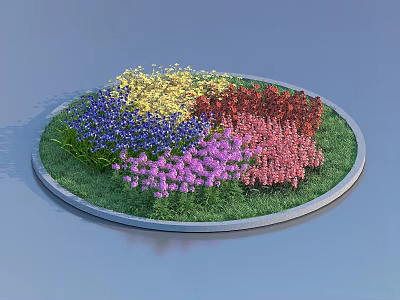 Circular Flower Bed With Yellow Blue Purple Red Flowers And Green Grass 3d model
