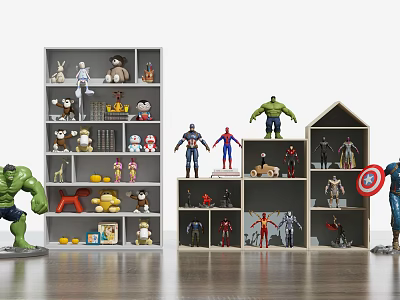 Action Figures And Stuffed Toys Displayed On Gray Multi Layer And Wooden House Shaped Shelves 3d model