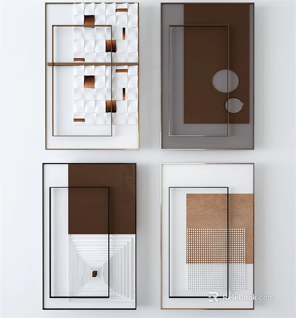 Modern Geometric Wall Decor with Brown White Gray Patterns and Gold Frames 3d model