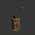 Decorative Axe Weapon With Wooden Handle And Metal Head Embedded In Stripped Red Tree Stump
