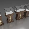 Elegant Wooden Display Shelves With Glass Display Cases And Golden Circular Emblems For Retail Showcasing