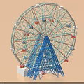 Amusement Park Ferris Wheel With Blue Steel Frame And Colorful Cabins