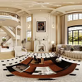 Spacious Duplex Living Room Interior With Double Height Ceiling Chandelier And Large Windows Fireplace