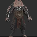 Bald Masked Dark Fantasy Warrior Character With Tattered Leather Armor And Skull Belt