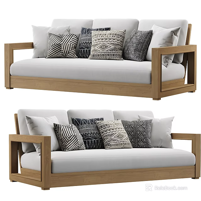 Modern Sectional Sofa With Wooden Frame Light Cushions And Geometric Pattern Pillows 3d model