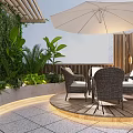 Green Plant Wall Decorated Terrace With Umbrella Wicker Chairs Circular Wooden Platform And Light Strips