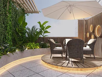 Green Plant Wall Decorated Terrace With Umbrella Wicker Chairs Circular Wooden Platform And Light Strips 3d model