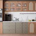 Modern Kitchen Cabinets With Wooden Grid Design Glass Doors And Marble Countertop