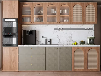 Modern Kitchen Cabinets With Wooden Grid Design Glass Doors And Marble Countertop 3d model