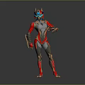 Futuristic Sci Fi Character With Biomechanical Armor Red Silver Blue Design And Pink Head Decoration