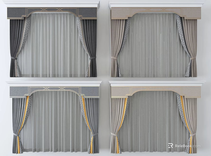Elegant Curtains With Ornate Valance Different Styles Gray Beige And Yellow Accent Strips 3d model 