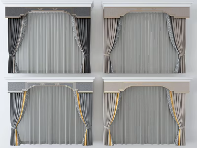 Elegant Curtains With Ornate Valance Different Styles Gray Beige And Yellow Accent Strips 3d model