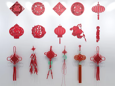 Traditional Chinese Red Hanging Ornaments With Knots Lanterns And Paper Cut Designs 3d model