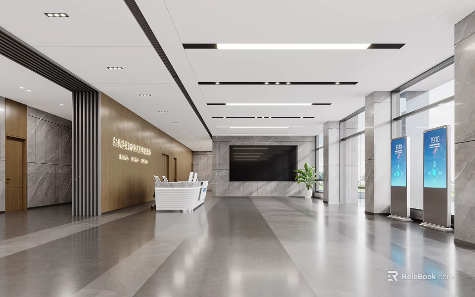 Modern Service Hall Interior With Reception Desk And Screens 3d model