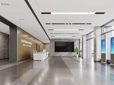 Modern Service Hall Interior With Reception Desk And Screens 3d model