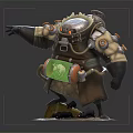 Armored Mythical Creature With Glowing Eyes Green Container Backpack And Yellow Liquid Base