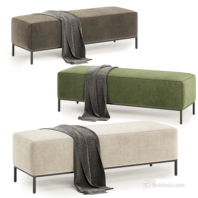 Three Colored Upholstered Benches With Gray Blankets And Black Metal Legs 3d model 