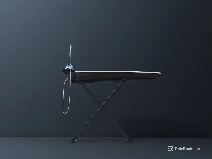 Black Foldable Ironing Board With Iron And X Shaped Frame Design 3d model 