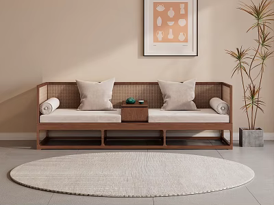 Modern Luohan Bed with Wooden Frame Cushions Small Tea Table Decorative Painting and Round Rug 3d model