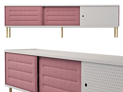 Modern Pink Upholstered TV Stand With White Panel And Perforated Design Golden Legs 3d model