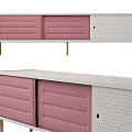 Modern Pink Upholstered TV Stand With White Panel And Perforated Design Golden Legs