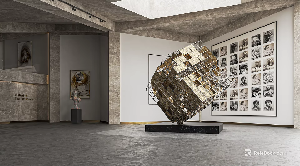 Contemporary Exhibition Hall Interior With Large Geometric Metal Sculpture And Framed Photo Wall Art 3d model 