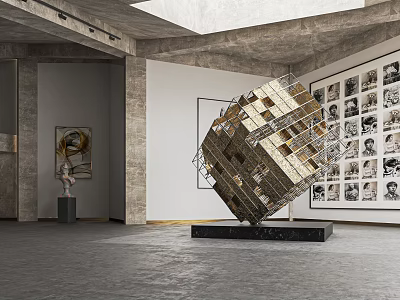 Contemporary Exhibition Hall Interior With Large Geometric Metal Sculpture And Framed Photo Wall Art 3d model