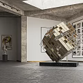 Contemporary Exhibition Hall Interior With Large Geometric Metal Sculpture And Framed Photo Wall Art