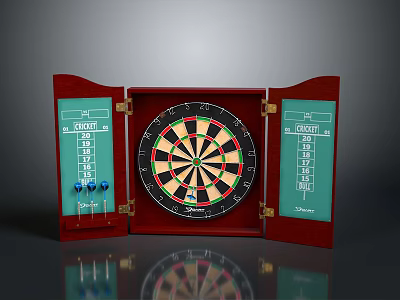 Professional Darts Set with Red Wooden Case Dartboard and Side Scoreboards 3d model