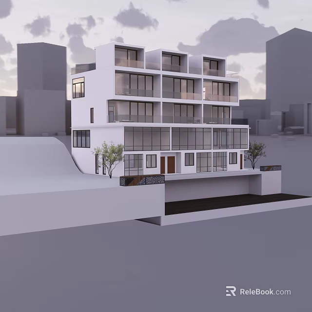 Modern Multiple Floor Boutique Guesthouse With Glass Windows And Urban Green Plants 3d model 