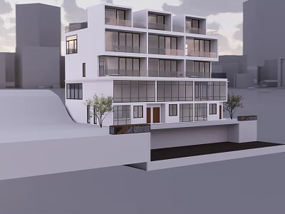 Modern Multiple Floor Boutique Guesthouse With Glass Windows And Urban Green Plants 3d model