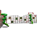 Colorful Kids Playground Equipment With Green Slides Red Structures Netted Sections And Climbing Elements