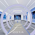 Modern Tech Exhibition Hall Interior With Blue Screens White Display Platforms And Hexagonal Ceiling