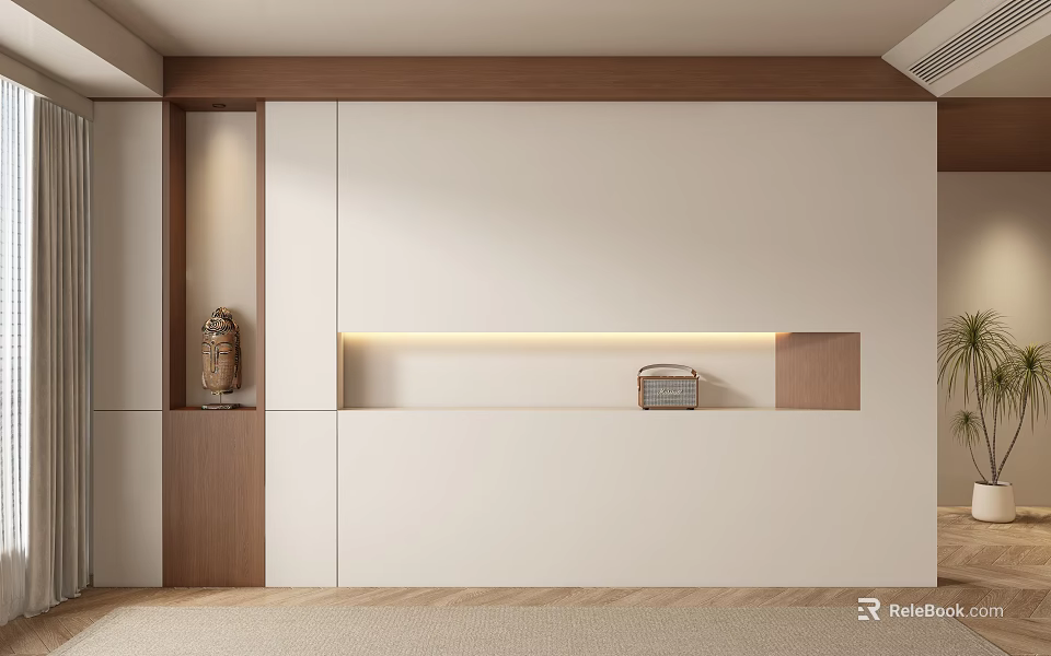 Modern Sofa Backdrop Wall Design With Wooden Panels White Accents And LED Strip Lighting 3d model 