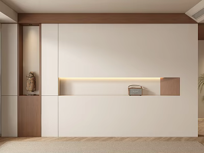 Modern Sofa Backdrop Wall Design With Wooden Panels White Accents And LED Strip Lighting 3d model