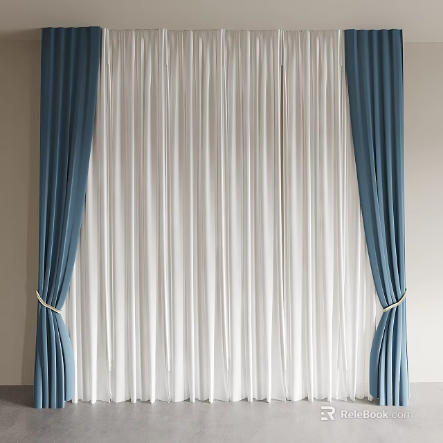 Elegant Dark Blue And White Sheer Curtains With Side Panels And Tiebacks 3d model