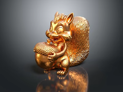Golden Squirrel Statue Holding Acorn With Shiny Metallic Finish And Detailed Craftsmanship 3d model