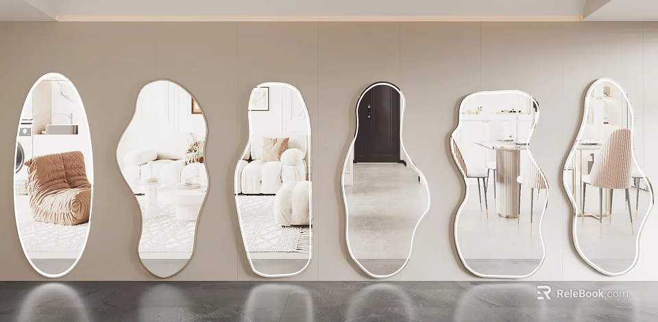 Irregular Wall Mounted Mirrors Reflecting Interior Scenes 3d model 